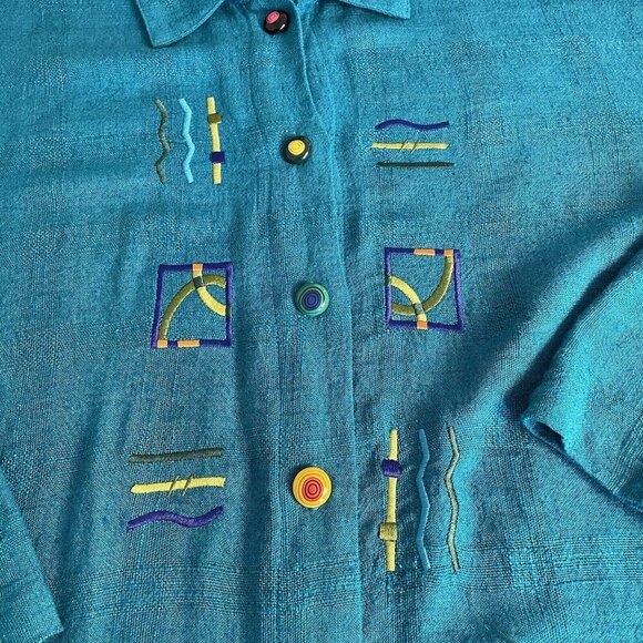 Nino Wong California Top XL Lagenlook Art To Wear Embroidered Linen Blen - Picture 4 of 16